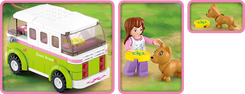 A box of Sluban building blocks from the "Girl's Dream" series featuring a girl with a brown dog, a green and white camper van, and 179 pieces. The set is for ages 6 and up.