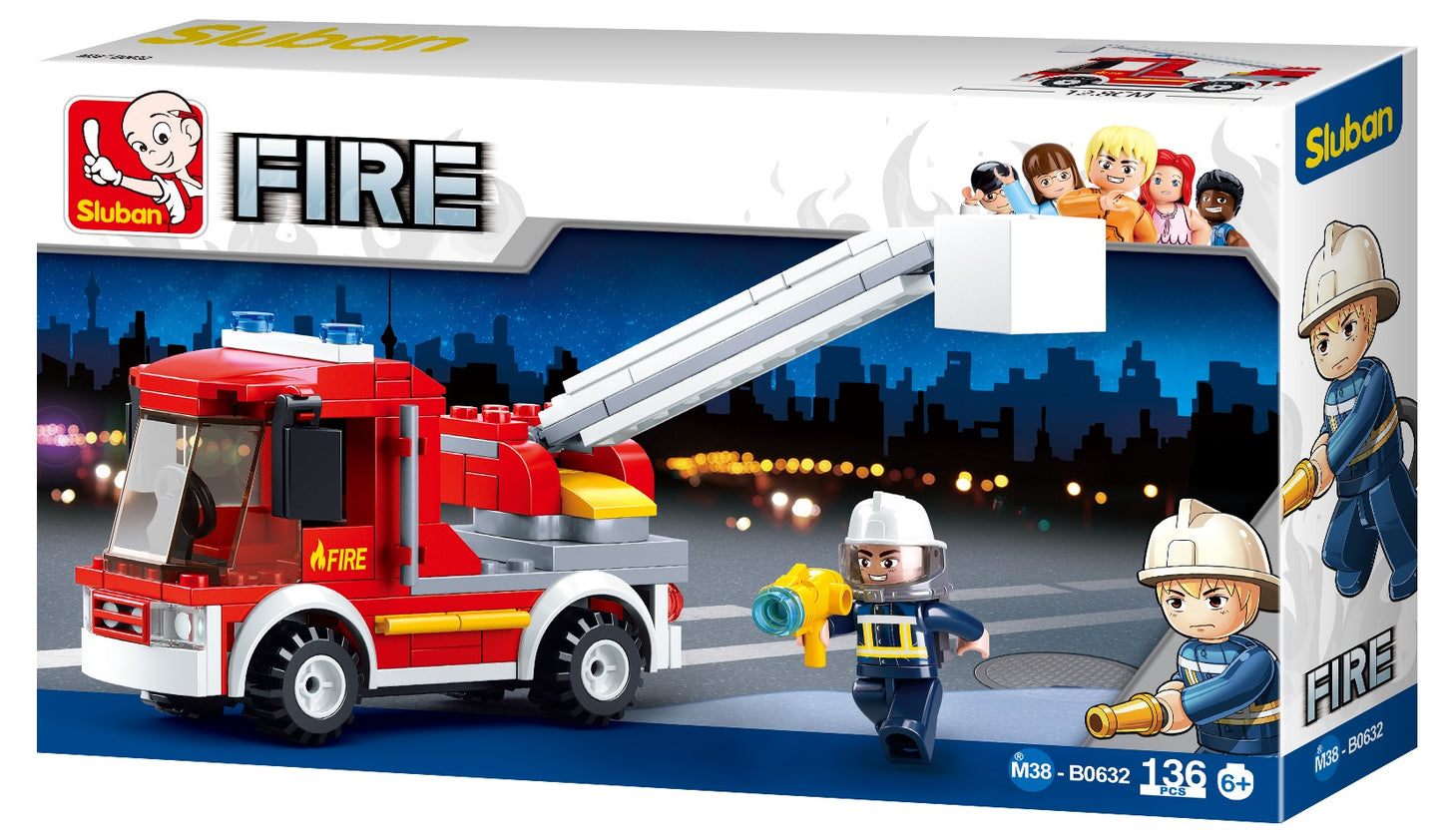 a toy fire truck with a fireman from sluban building bricks Australia