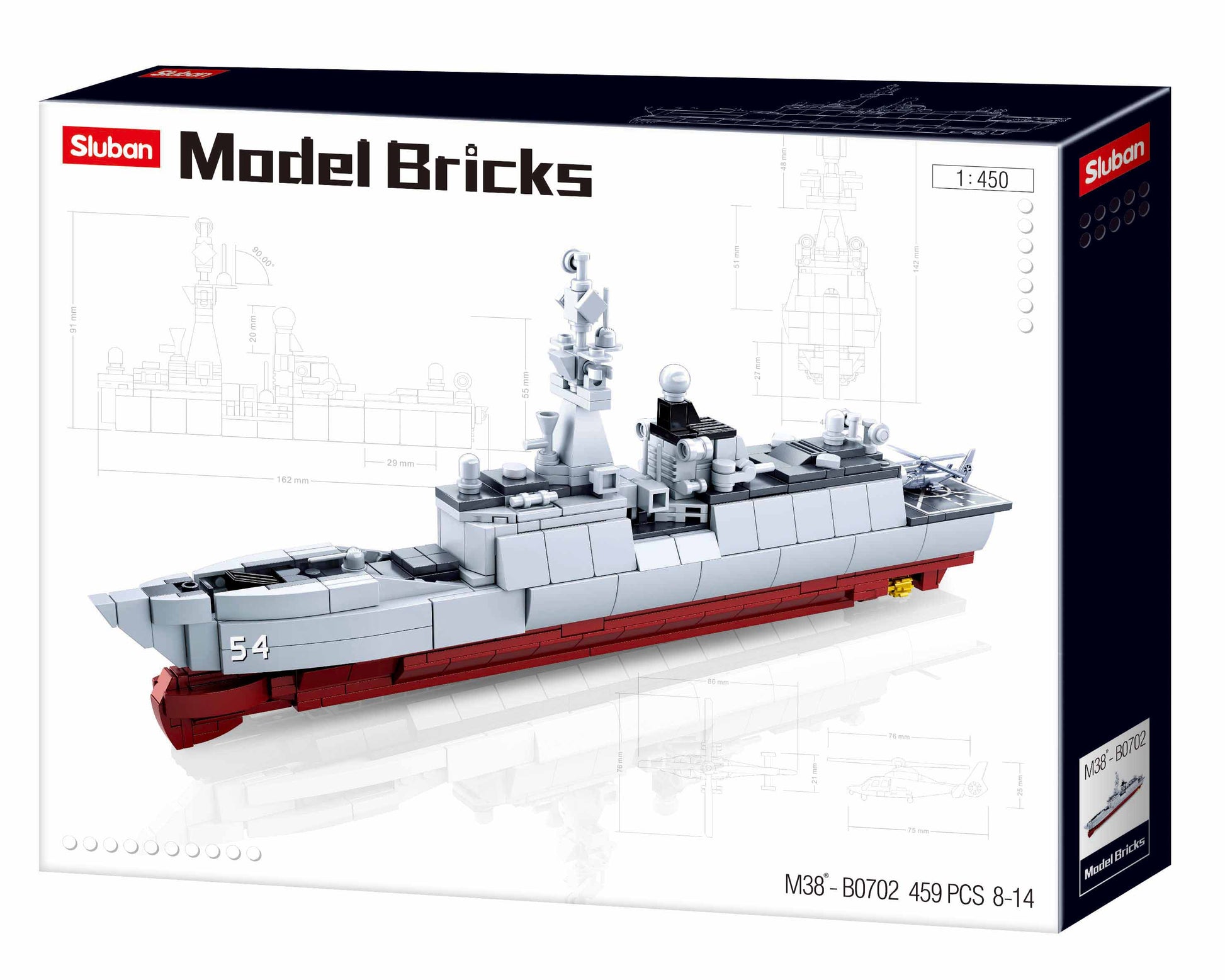 a toy ship based on frigate in a box containing building bricks and blocks from sluban australia.