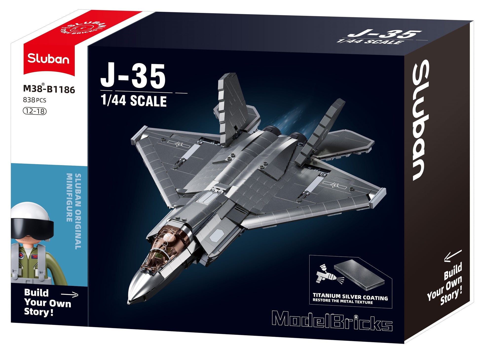 B1186 MB J35 STEALTH AIRCRAFT METAL COATING with mini figure from sluban australia building bricks. 